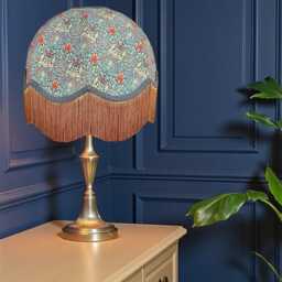 Handmade William Morris Blue Snakeshead Fabric Lamp Shades Slate Braid & Gold Fringe, Handcrafted in The UK - thumbnail 3