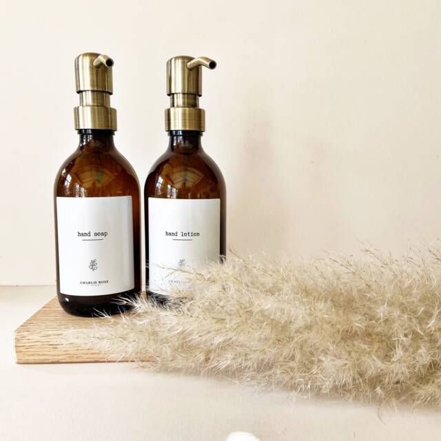 New Amber Glass Soap & Lotion Dispenser Set, Soap Dispenser, 300Ml, Kitchen Decor, Bottles - image 1