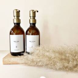 New Amber Glass Soap & Lotion Dispenser Set, Soap Dispenser, 300Ml, Kitchen Decor, Bottles - thumbnail 1