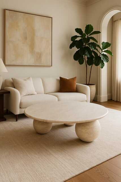 Modern Beige Travertine Coffee Table, Handmade Natural Stone Centerpiece, Handcrafted Furniture - image 1