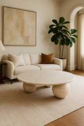 Modern Beige Travertine Coffee Table, Handmade Natural Stone Centerpiece, Handcrafted Furniture