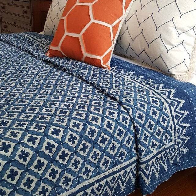 Indigo Kantha Quilt, Hand Block Printed Cotton Queen Bedspread - image 1