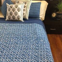 Indigo Kantha Quilt, Hand Block Printed Cotton Queen Bedspread - thumbnail 3