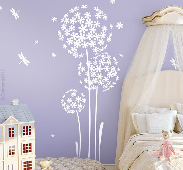 Wall Sticker Flower Dandelion With Dragonflies Decal Nursery Floral Vinyl Decor W708 - image 1