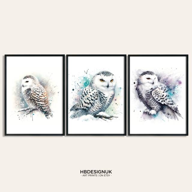 Snowy Owl Print Poster Set - Of 3 Posters - Watercolour Owls Wall Decor Bird Art Wildlife Gifts Snow Artwork - image 1