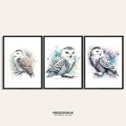 Snowy Owl Print Poster Set - Of 3 Posters - Watercolour Owls Wall Decor Bird Art Wildlife Gifts Snow Artwork - thumbnail 1