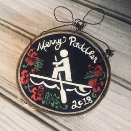 Personalized Paddle Board Christmas Ornament Handpainted Wood Slice