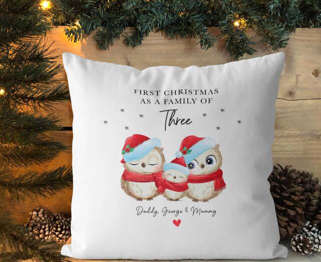 Personalised First Christmas As A Family Of Three Gift, Cushion, Decor, 1st Xmas, Owls, Cover & Inner, Xmas Decorations - image 1
