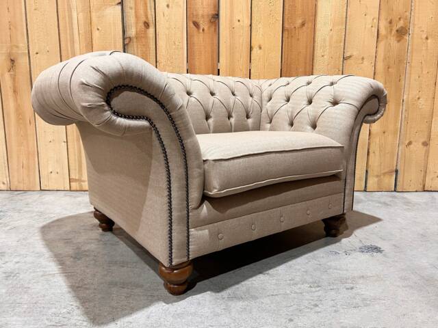 Beige Herringbone Wool Chesterfield Snuggle Chair, Loveseat, British Handmade - image 1