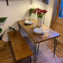 Rustic Dining Table & Bench Reclaimed Wood With Steel Hairpin Legs - thumbnail 3