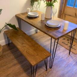 Rustic Dining Table & Bench Reclaimed Wood With Steel Hairpin Legs - thumbnail 2