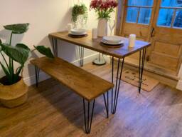 Rustic Dining Table & Bench Reclaimed Wood With Steel Hairpin Legs