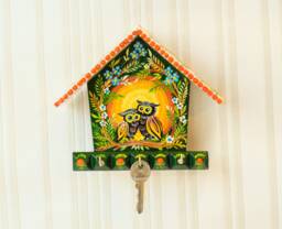 Hand-Painted Wooden Owl Key Holder, House-Shaped Wall Decor, Ukrainian Petrykivka Art - thumbnail 1