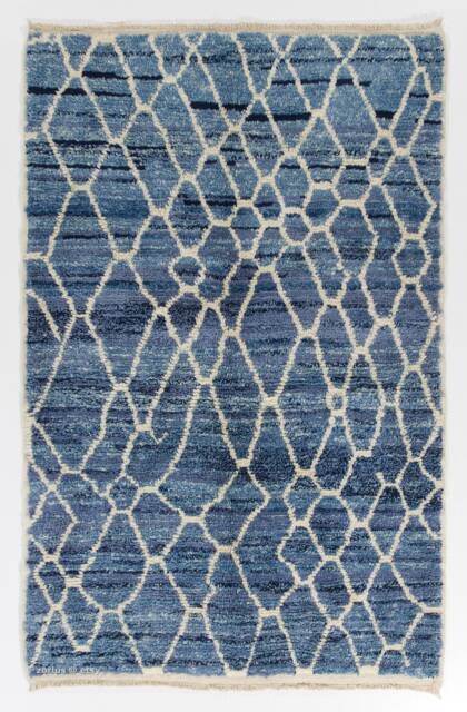 Blue Beni Ourain Rug Hand-Knotted Moroccan Wool Rug With White Diamond Pattern - image 1