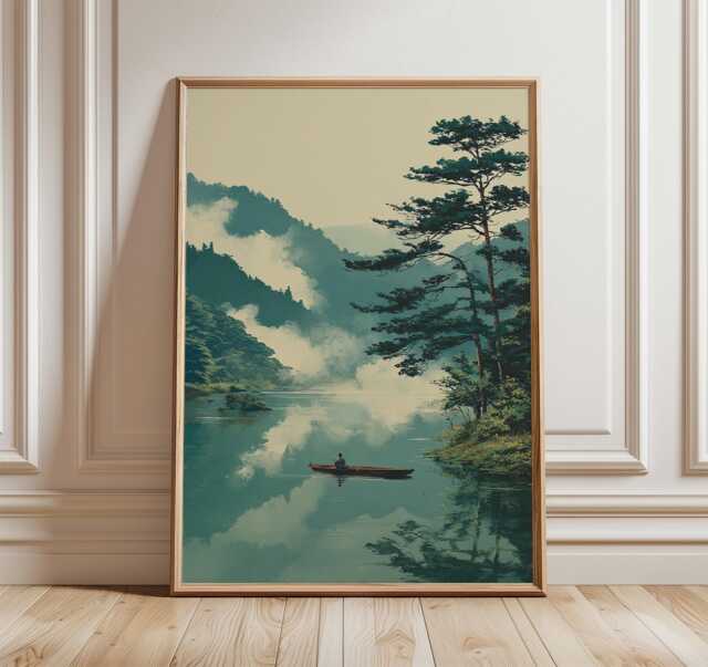 Misty Mountain River Poster, Serene Landscape Art Print, Modern Nature Wall - image 1
