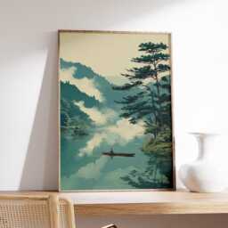Misty Mountain River Poster, Serene Landscape Art Print, Modern Nature Wall - thumbnail 2