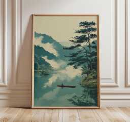 Misty Mountain River Poster, Serene Landscape Art Print, Modern Nature Wall - thumbnail 1