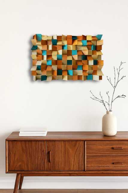 3D Mosaic Wall Art Teal, Copper, Rose Gold Wood Panel - image 1