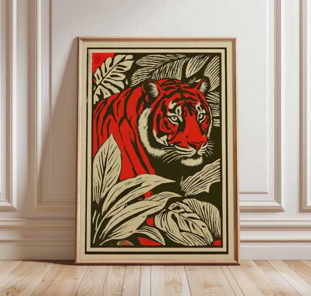 Red Tiger Jungle Poster, Vintage Linocut Animal Wall Art, Bold Safari Print, Tropical Illustration, Retro Graphic Decor - image 1