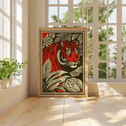 Red Tiger Jungle Poster, Vintage Linocut Animal Wall Art, Bold Safari Print, Tropical Illustration, Retro Graphic Decor - thumbnail 3