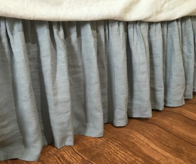 Duck Egg Blue Linen Bedskirt, Dust Ruffles, Bed Skirts, Shabby Chic Bedding, Romantic Country, Queen King Bedskirt - image 1