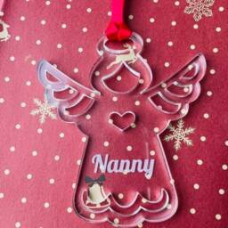 Personalised Clear Angel Tree Decoration - Xmas Bauble Ornament in Oak, Walnut Cherry Wood -Or- Silver, Gold, Red, Green Glitter
