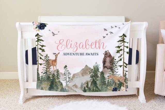 Woodland Girl Blanket, Personalized Baby Blanket Gift, Toddler Forest Decor, Birthday Theme Adventure Awaits - image 1