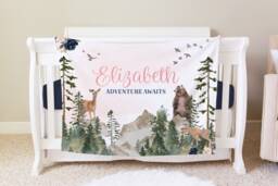 Woodland Girl Blanket, Personalized Baby Blanket Gift, Toddler Forest Decor, Birthday Theme Adventure Awaits - thumbnail 1