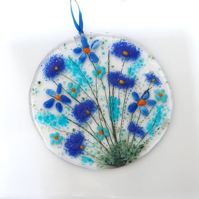 Fused Glass Sun-Catcher - Blue Flowers, Handmade Home Decor - image 1