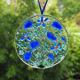 Fused Glass Sun-Catcher - Blue Flowers, Handmade Home Decor - thumbnail 3