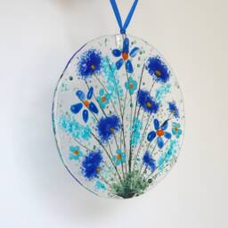 Fused Glass Sun-Catcher - Blue Flowers, Handmade Home Decor - thumbnail 2