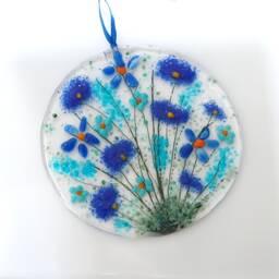 Fused Glass Sun-Catcher - Blue Flowers, Handmade Home Decor - thumbnail 1