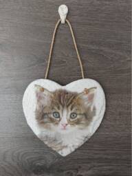 Decoupage Kitten Heart Slate Plaque - Handmade Wall Hanging - 15cm