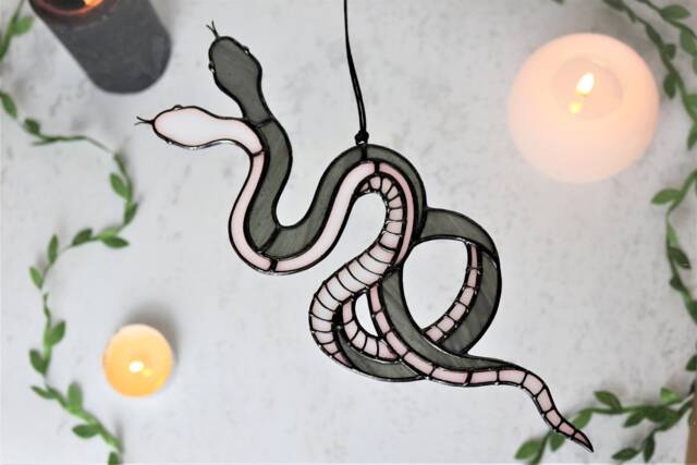 Snakes Decor Suncatcher Stained Glass Panel Gray Sun Catcher Picture Home House Window Wall Hangings Ornament Fathers Day Gift From Daughter - image 1