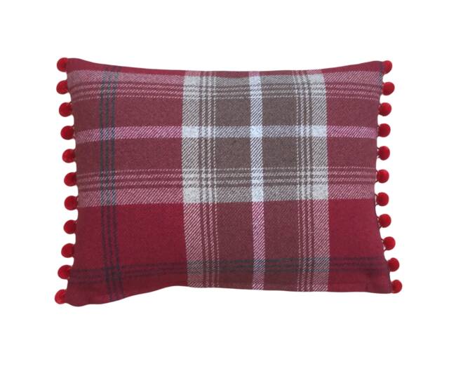 Balmoral Red Tartan Plaid Throw Pillow Cover Wool Effect With Pompoms - image 1