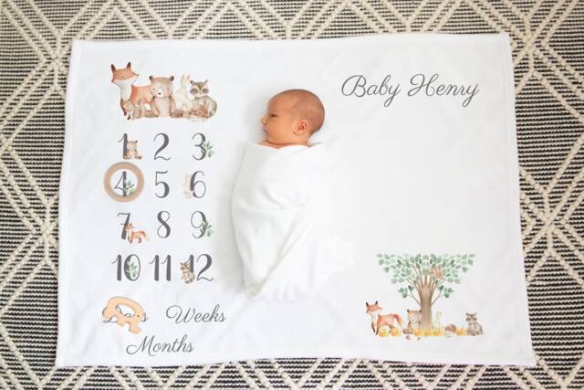 Personalised Woodland Baby Milestone Blanket Soft Flannel Nursery Decor - image 1