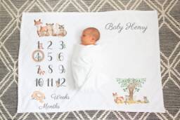 Personalised Woodland Milestone Blanket, Custom Nursery Cushion, Book & Plaque