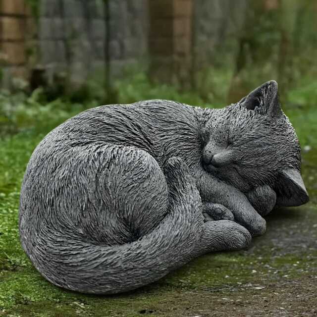 Curled Kitten Figurine Stone Cat Statue Outdoor Kitty Sculpture Concrete Pet Ornament Handmade Decoration Cat Lover Gift Yard Art - image 1