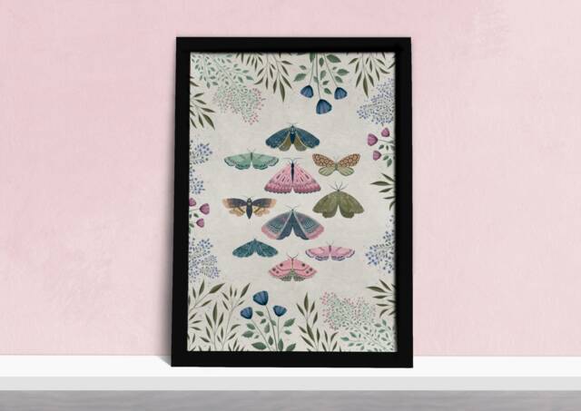 Delicate Moths Art Print - Natural History Illustration Poster Pink & Green Butterfly Painting Gifts For Nature Lovers A5, A4 Or A3 - image 1