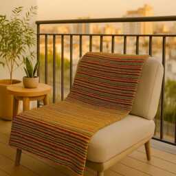 Yellow Woven Throw Blanket - Durable Sofa Cover Boho Bedspread Portuguese Recycled Cotton Sustainable Modern Traditional Home Decor - thumbnail 3