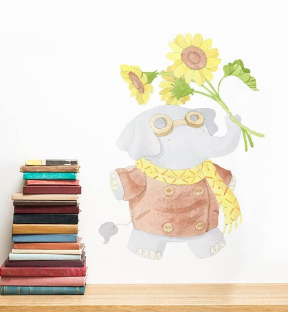 Tegan The Elephant Holding Flowers Wall Sticker Decal - Kids Stickers, Animals Childrens Decals, Art