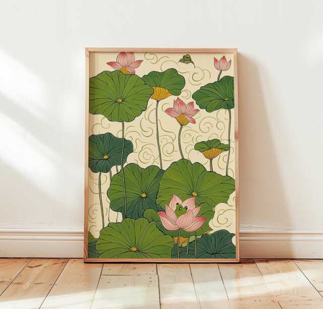 Lotus Pond Poster, Frog Wall Art, Botanical Nature Print - image 1