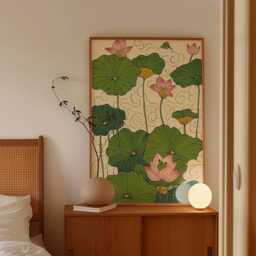 Lotus Pond Poster, Frog Wall Art, Botanical Nature Print - thumbnail 2