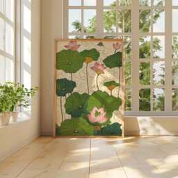 Lotus Pond Poster, Frog Wall Art, Botanical Nature Print - thumbnail 4