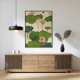 Lotus Pond Poster, Frog Wall Art, Botanical Nature Print - thumbnail 3