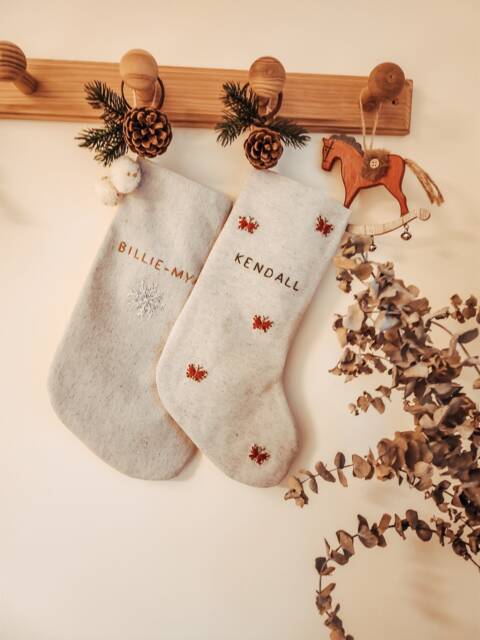 Personalized Family Christmas Santa Stocking, Custom Name Cotton Linen Hand Embroidered Stocking, Kids Stocking - image 1