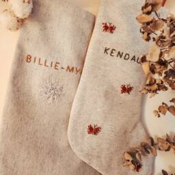 Personalized Family Christmas Santa Stocking, Custom Name Cotton Linen Hand Embroidered Stocking, Kids Stocking - thumbnail 2