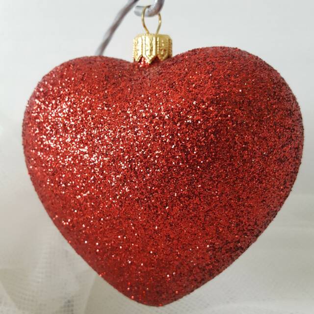 Hand Blown Red Glitter Heart Ornament Polish Glass Bauble - image 1