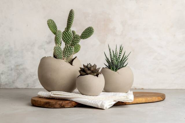 Set Of 3 Concrete Gray Rustic Handmade Eclectic Ceramic Planter Pot, Unique Modern Bohemian Home Decor, Indoor Decorative Planters - image 1