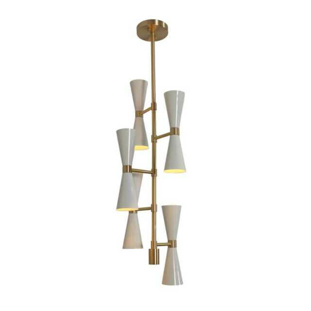 Mid Century Modern Sputnik Chandelier, Brass Finish, White Shade, Multi Light Pendant Lighting - image 1